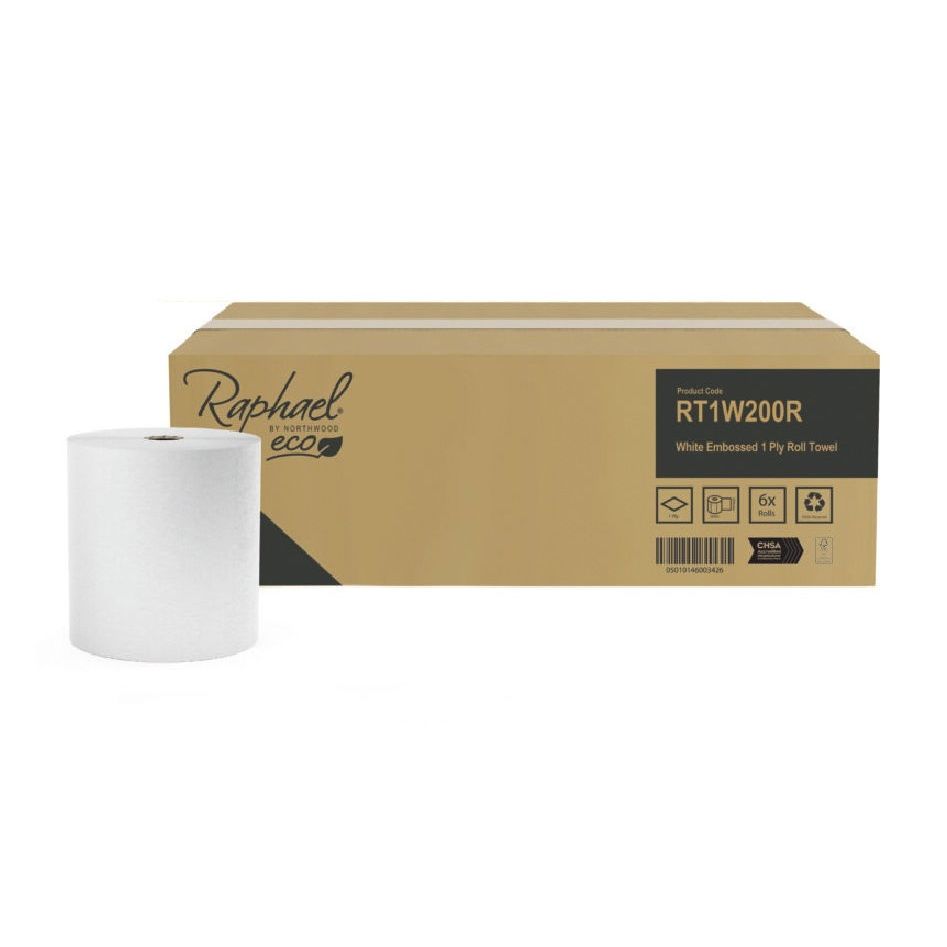 Raphael White Roll Towel - Embossed - 1 Ply - Case 6 x 200m